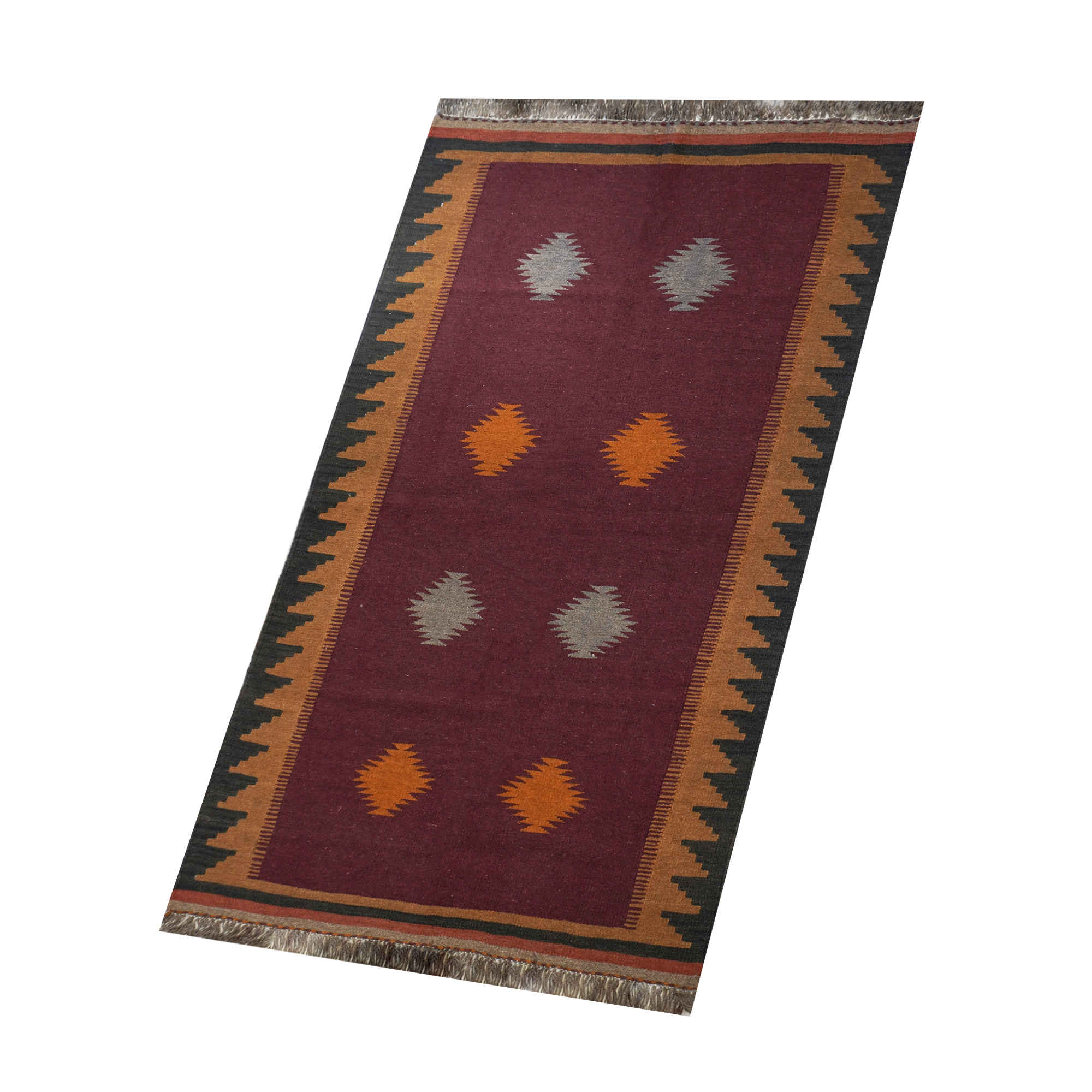 Perzisch Kelim-tapijt, handgeweven van wol, geometrisch patroon in purperrood
