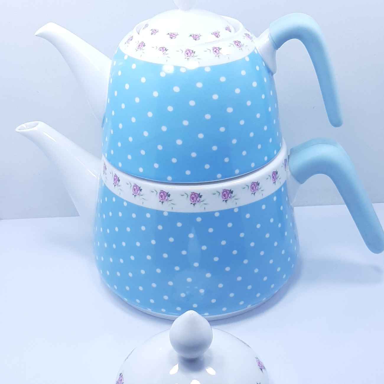 Keramisch Dubbel Theepot Set – Blauw Polkadot