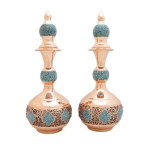 Decoratieve Koperen Fles – Perzisch Ambachtelijk Turkoois Inleg (Set van 2)