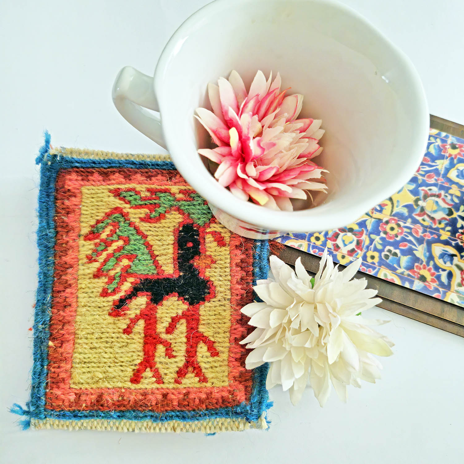 Handgeweven Kilim Onderzitter – Oranje Haanmotief, Traditioneel Wollen Vierkant