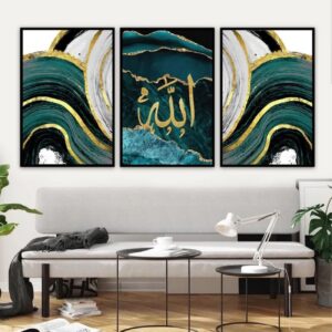 Islamitische Canvas Kunst – Allah Naam 3-delig Donkergroen