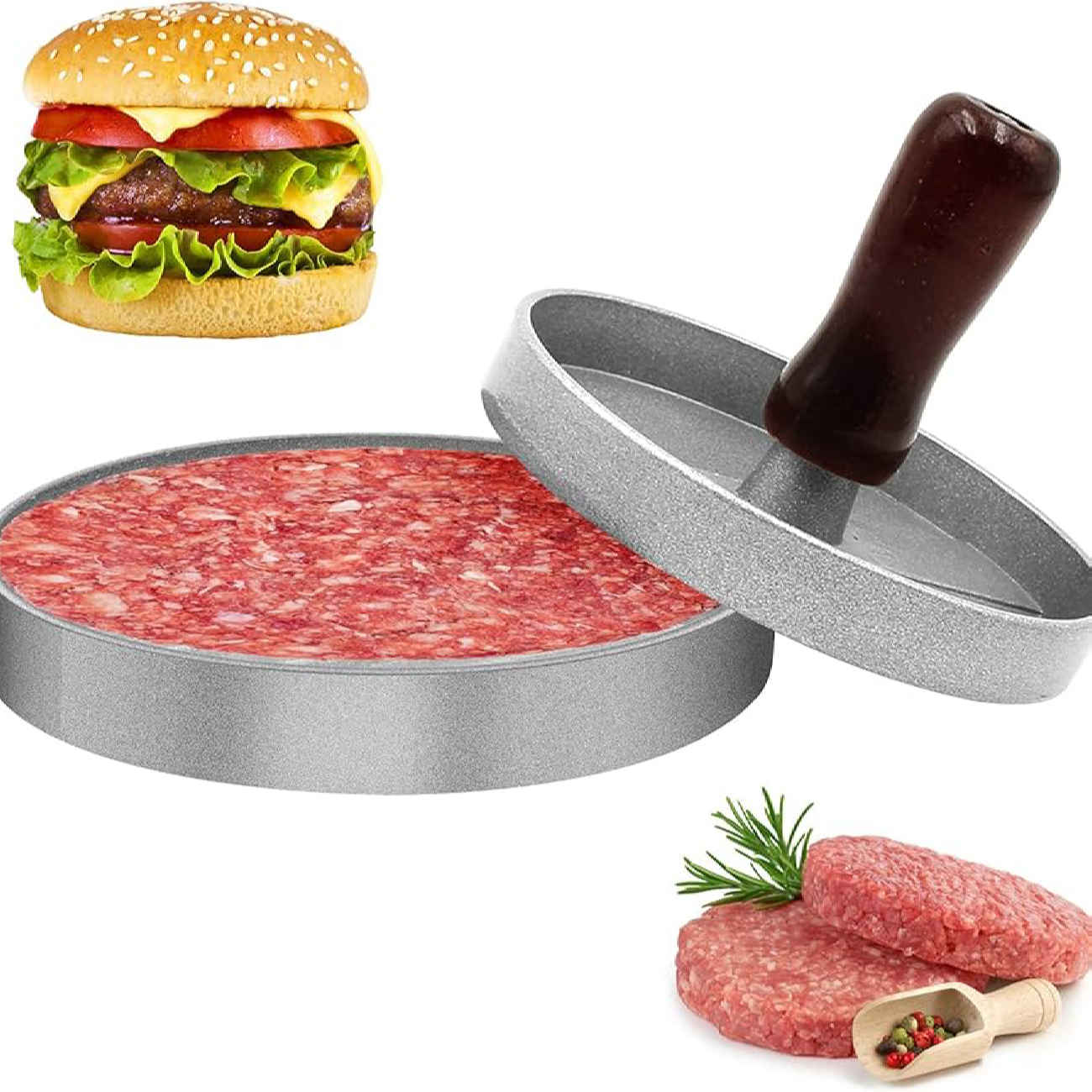 Handmatige Shami Kebab & Burgerpers – Gietijzer Houten Handvat