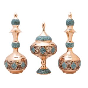 Perzische Decoratieve Koperen Set – Fles & Chocoladekom Turkoois