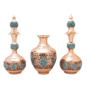 Perzische Decoratieve Koperen Set – Fles & Vaas Turkoois Inleg