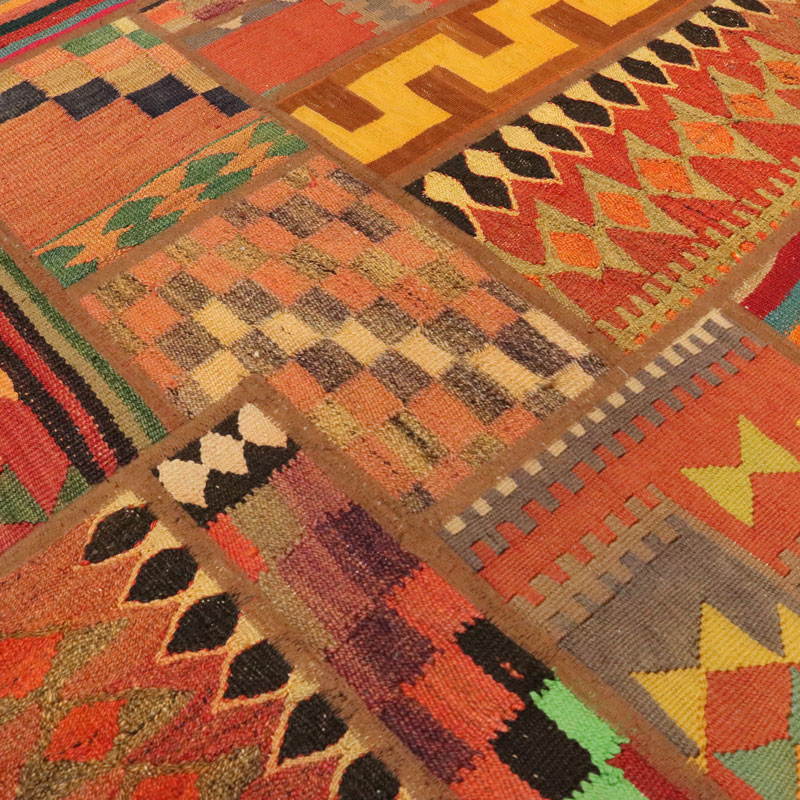 Perzisch Patchwork Kilim Tapijt Handgeweven Geometrisch Oranje