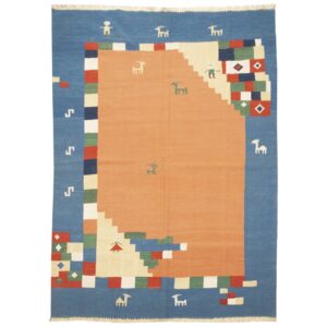 Perzisch Kilim Tapijt Fars — Handgeweven Wol — Blauw Diermotief