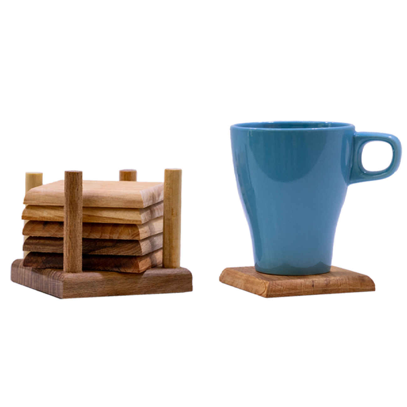 Houten Onderzetters met Houder 6-pack – Rustiek Vierkant Ontwerp voor Thuis & Kantoor