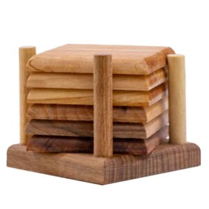 Houten Onderzetters met Houder – Set van 6