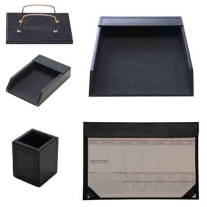 Houten Bureau Set met Leren Bekleding, 5-delig in Zwart