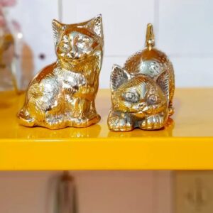 Goudkleurige Bronzen Kattenbeeldjes (Set van 2)