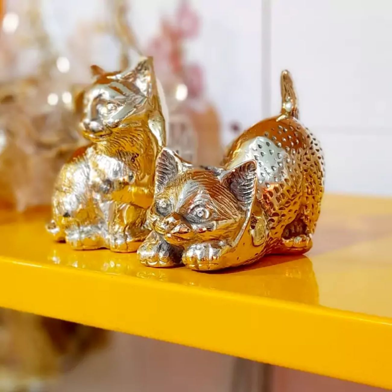 Goudkleurige Bronzen Kattenbeeldjes (Set van 2)