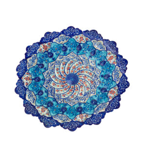 Perzische Minakari Decoratief Koperen Bord – Handgeschilderd met Ingewikkeld Blauw Bloemmotief