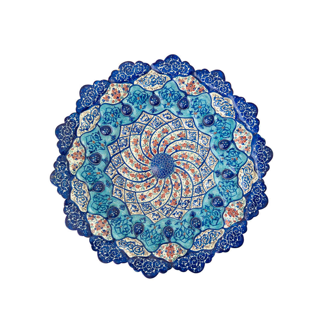 Perzische Minakari Decoratief Koperen Bord – Handgeschilderd met Ingewikkeld Blauw Bloemmotief