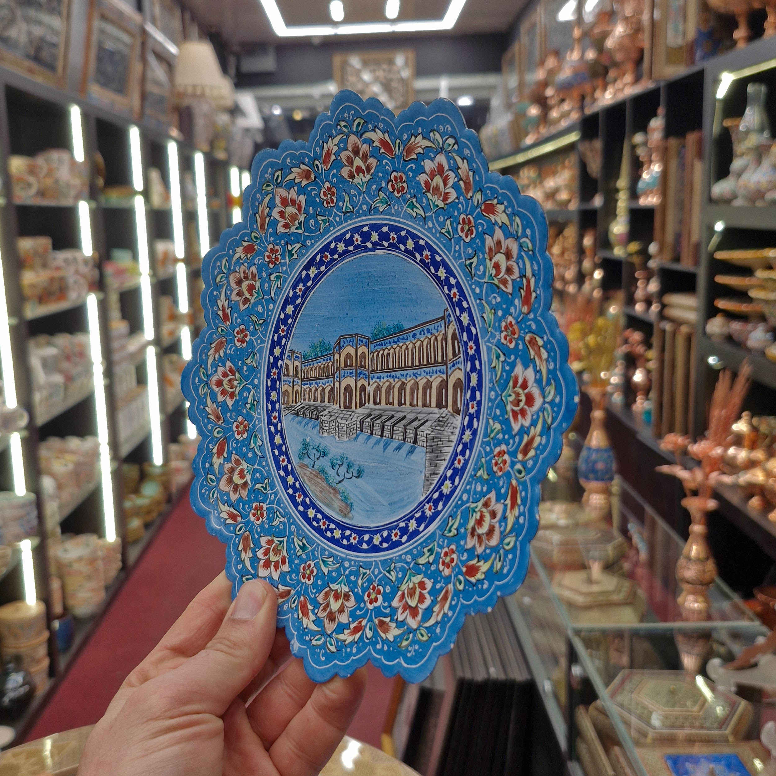 Perzische Minakari Decoratief Koperen Bord – Handgeschilderd met Ingewikkeld Bloemontwerp in Blauw
