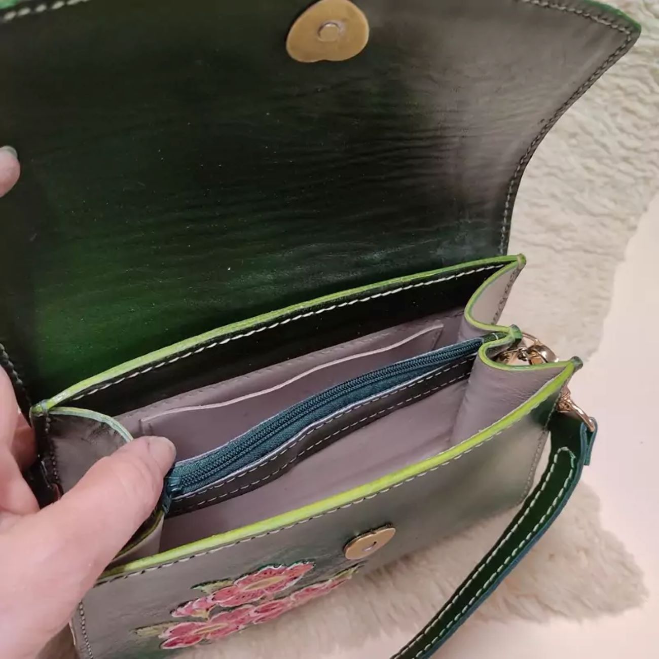 Handgemaakte Echt Leren Tas – Jade Groen Vogels & Bloemen
