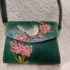 Handgemaakte Echt Leren Tas – Jade Groen Vogels & Bloemen