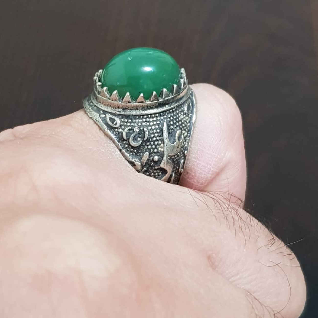 Islamitische Jemenitische Agaat Zilveren Ring voor Heren met Groene Edelsteen & Ya Ali Ontwerp