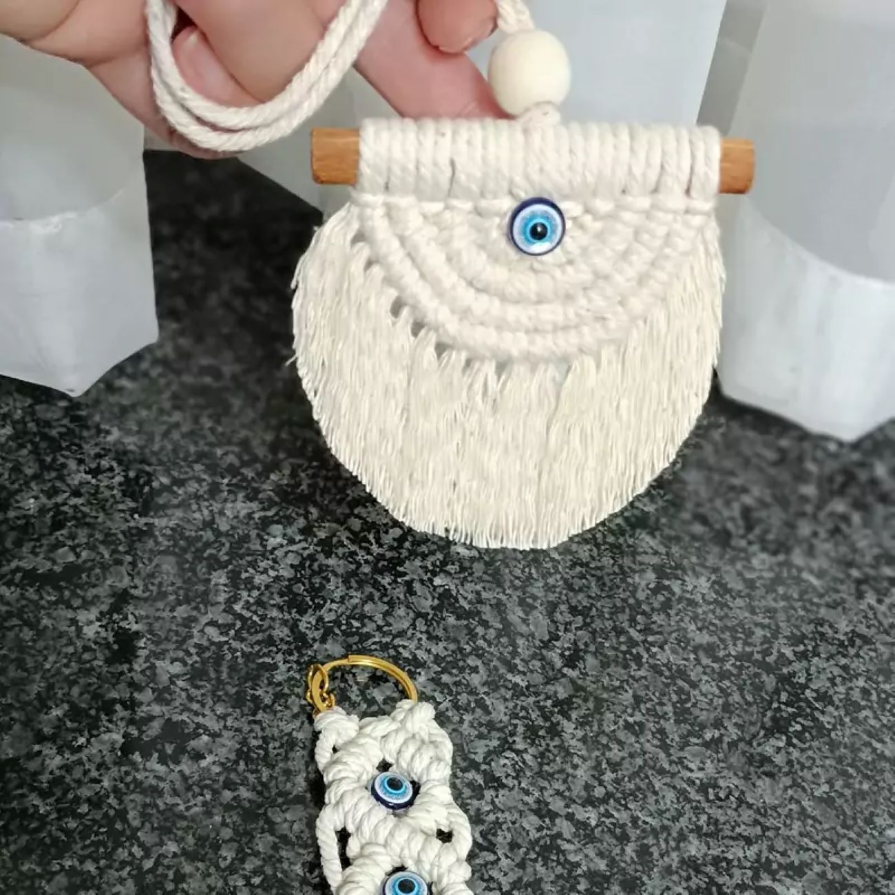 Macramé Set Sleutelhanger & Spiegelhanger – Boze Oog