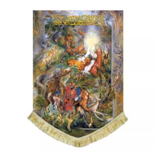 Grote Fluwelen Vlag Schilderij van Imam Reza (A.S.) en het Hert – Symbool van Geloof en Eerbied