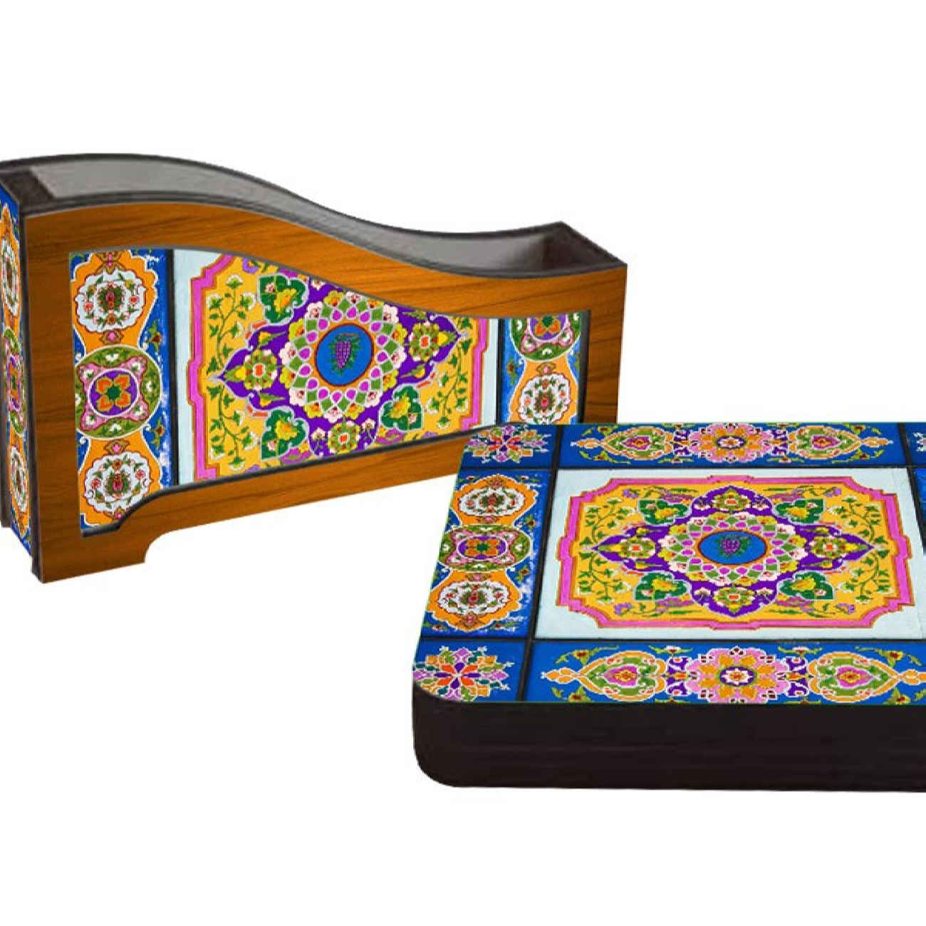 Iraans Cultureel Erfgoed Florale Houten Onderzetters 6-pack – Vierkant Ontwerp met Culturele Charme