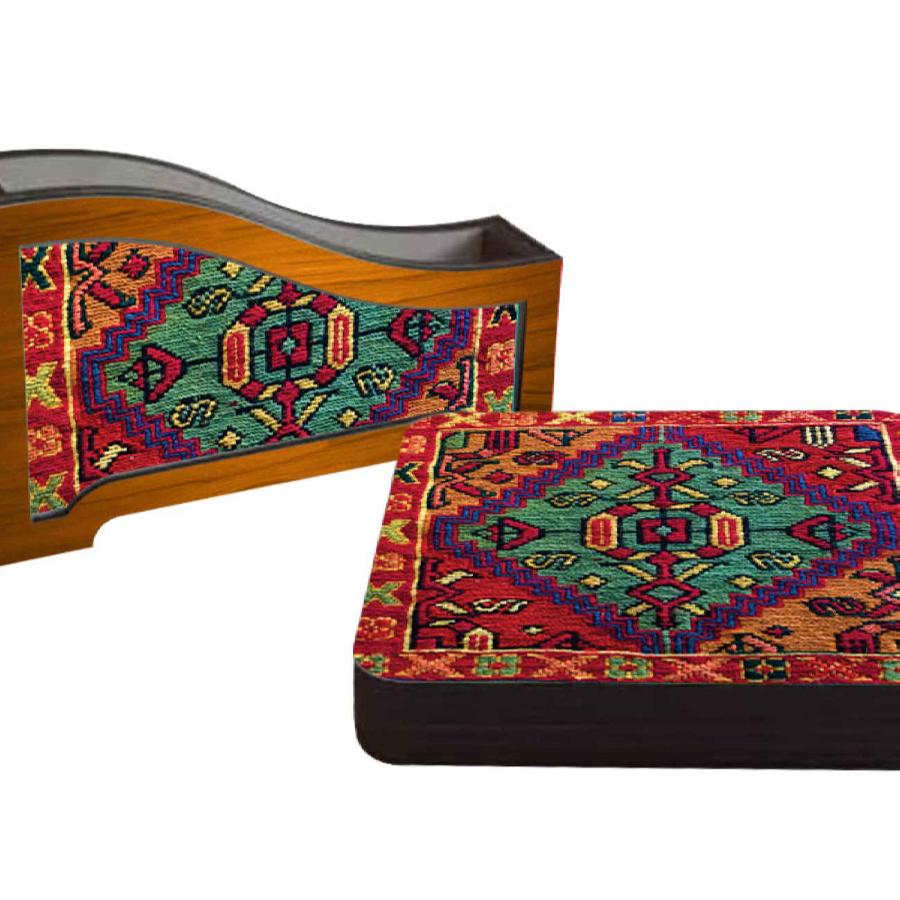 Tapijt Geïnspireerde Iraanse Houten Onderzetters 6-pack – Geometrisch Vierkant Ontwerp