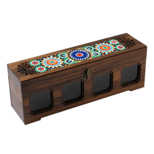 Houten Kruidenrek Organizer met 4 Potjes – Oosters Ontwerp