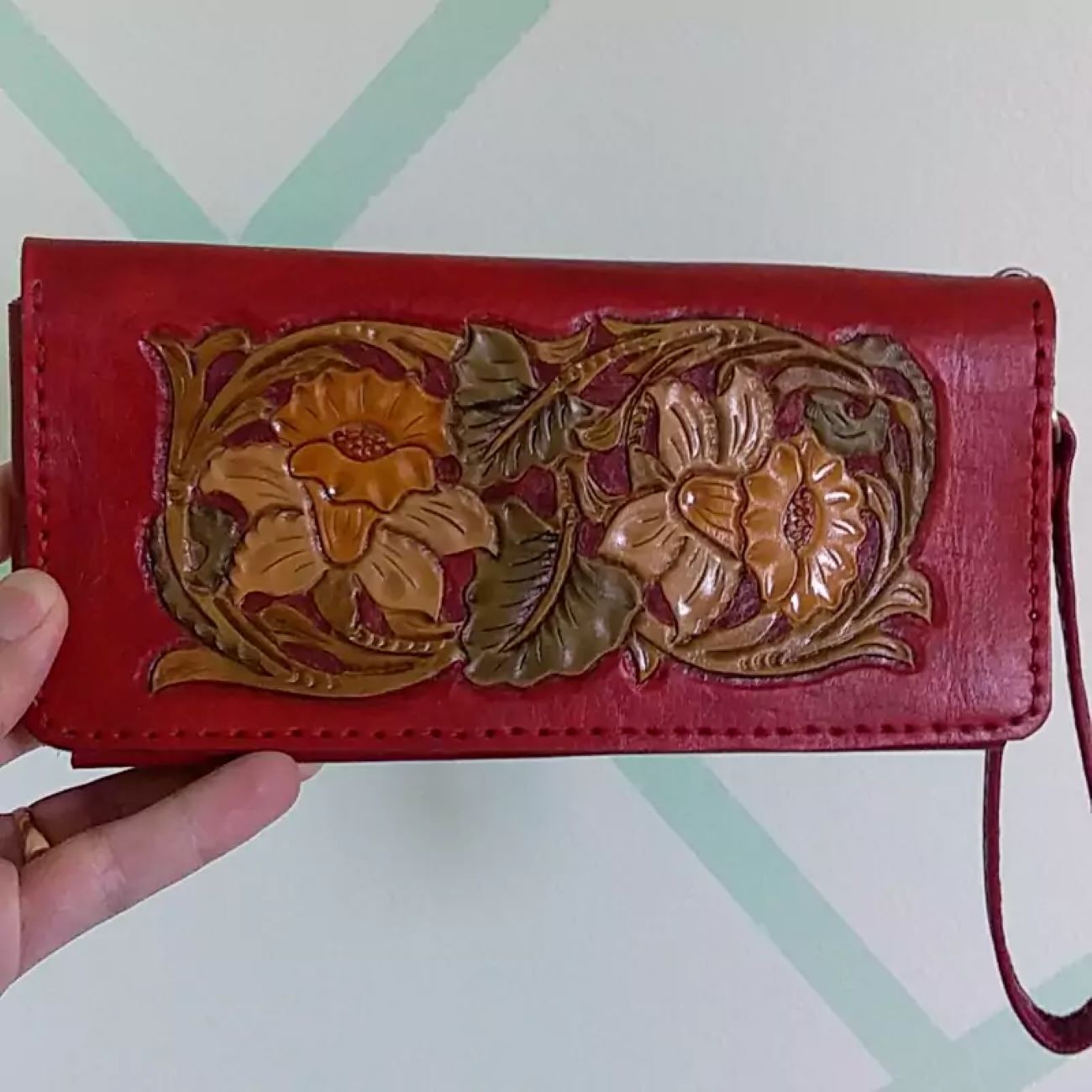 Handgemaakte echte leren portemonnee tas – Rood Bloemen