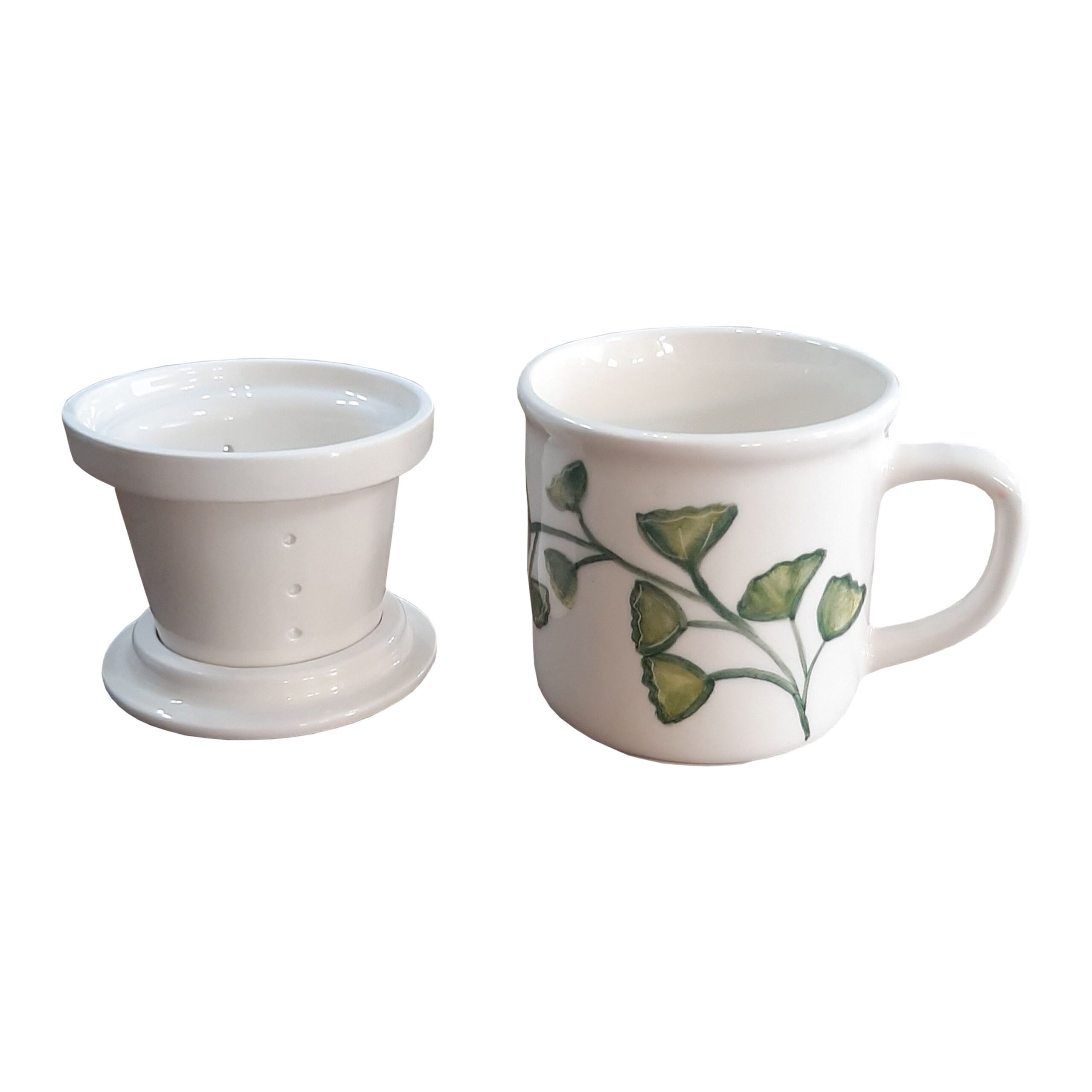 Keramische Thee-infuser Mok met Deksel, Wit met Handbeschilderd Botanisch Bladontwerp, Ideaal voor Losse Thee en Kruideninfusie