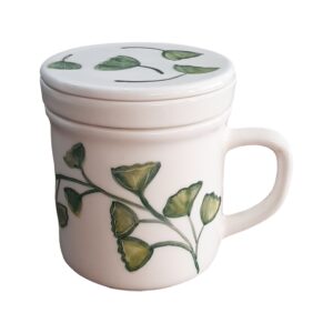 Keramische Thee-infuser Mok met Deksel, Wit met Handbeschilderd Botanisch Bladontwerp, Ideaal voor Losse Thee en Kruideninfusie