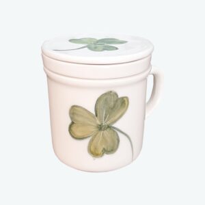 Keramische Thee-infuser Mok met Deksel, Wit met Handbeschilderd Klavertjevier Ontwerp