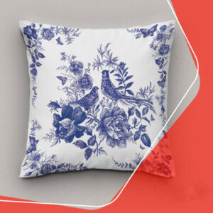 Blauwe fluwelen kussenhoes met vogel- en bloemmotief (Set van 2)