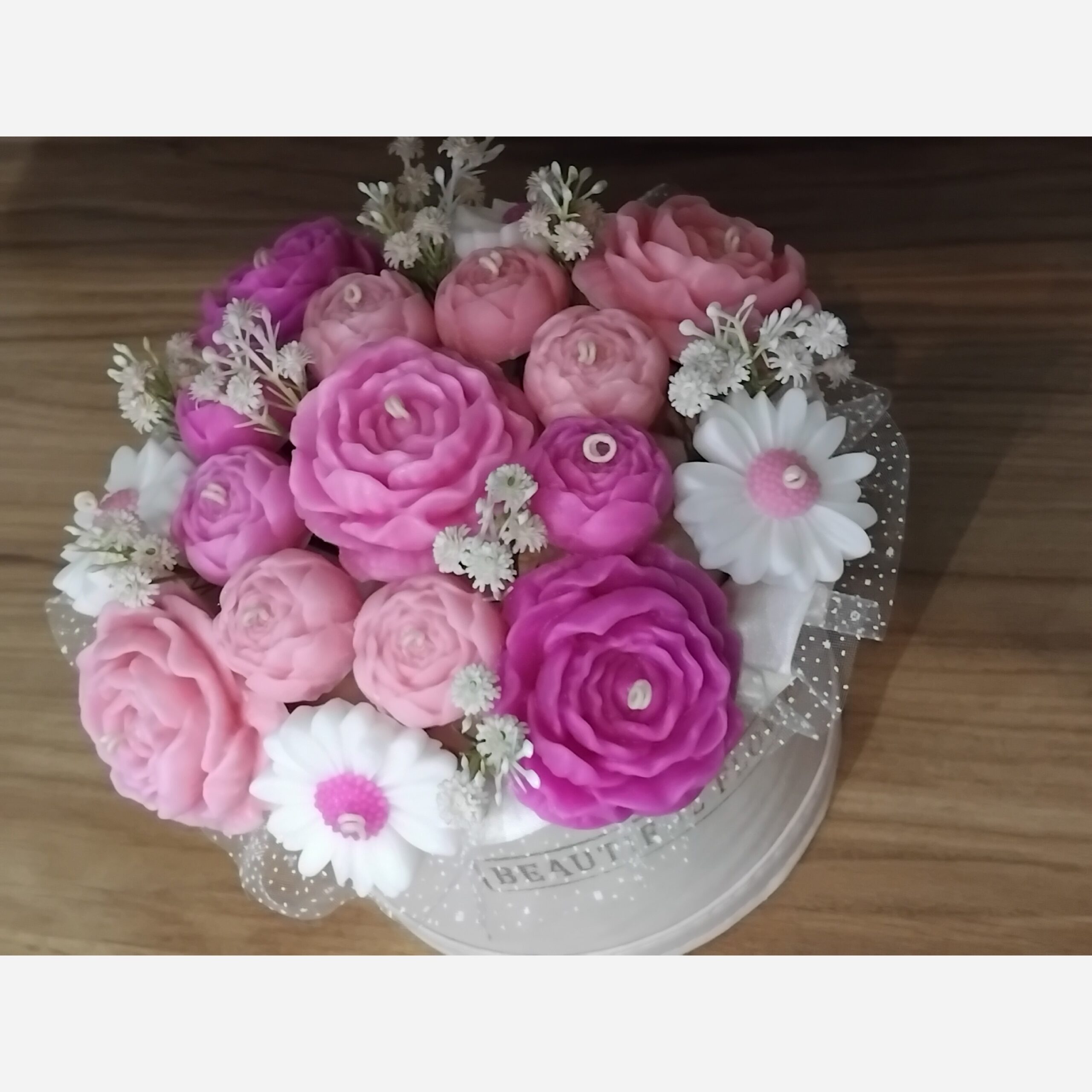 Decoratieve Kaars Bloemen Doos met Bloemenontwerp in Roze
