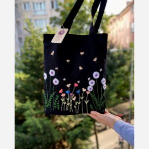 Handgemaakte Geborduurde Tote Bag – Zwart Fluweel