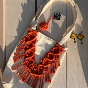 Handgemaakte Macramé Tote Bag – Beige Canvas