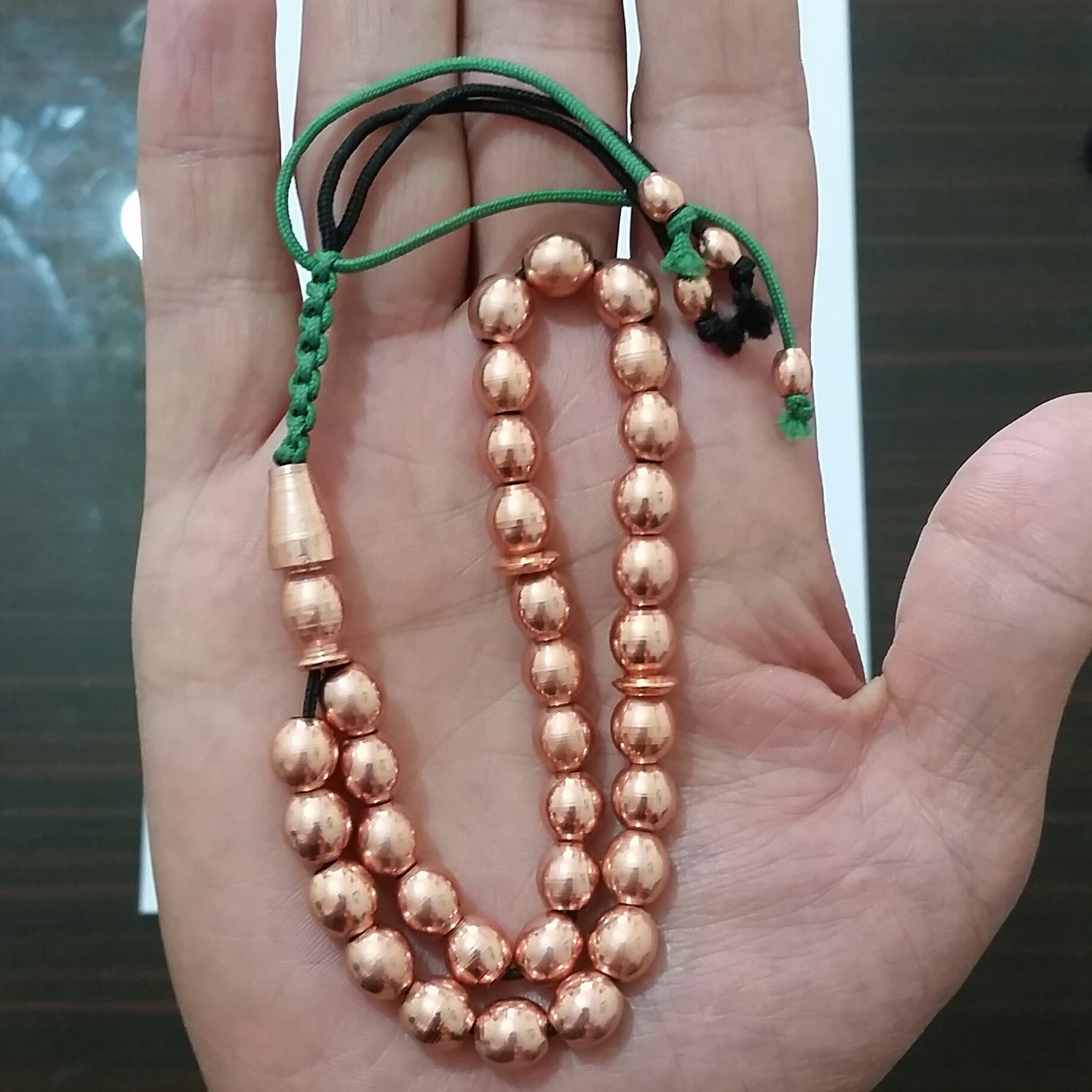 Islamitische rozenkrans gemaakt van koper, 33 gebedskralen Tasbih Misbaha