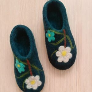 Vilten Pantoffels met Handgemaakt Bloemenpatroon in Teal