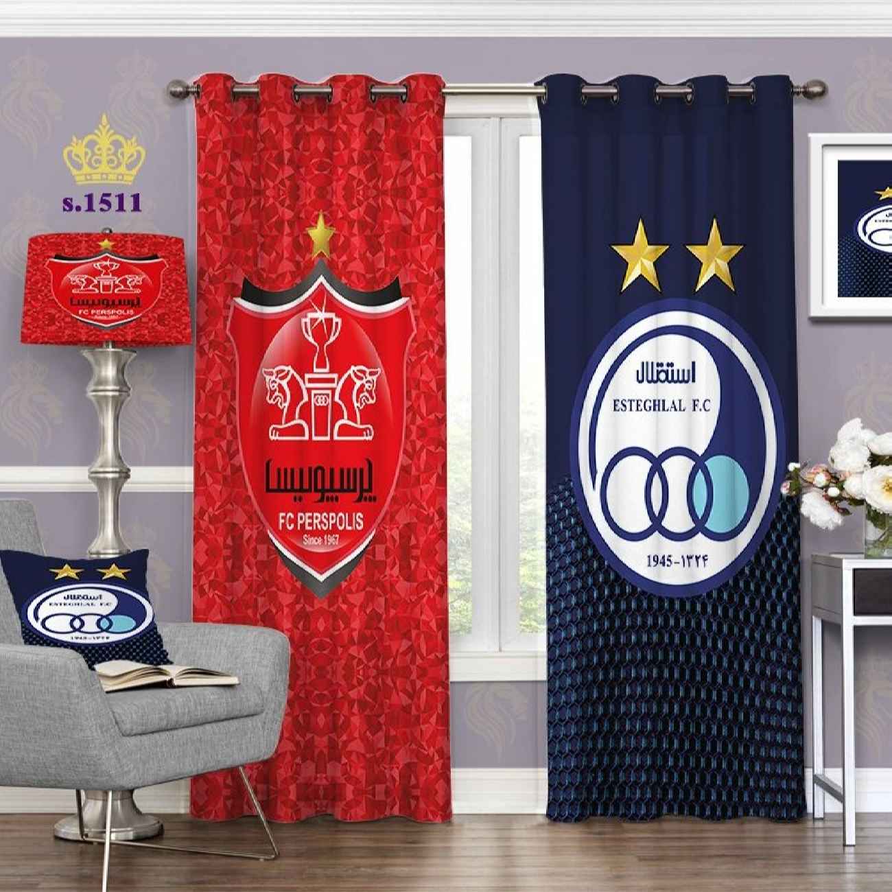 Fluwelen Jongens Slaapkamer Oogringen Gordijn – Twee Panelen, Esteghlal & Persepolis Team Sport Ontwerp