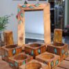 Houten Haft-sin Tafelversiering met Spiegel Blauw Blad
