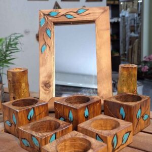 Houten Haft-sin Tafelversiering met Spiegel Blauw Blad