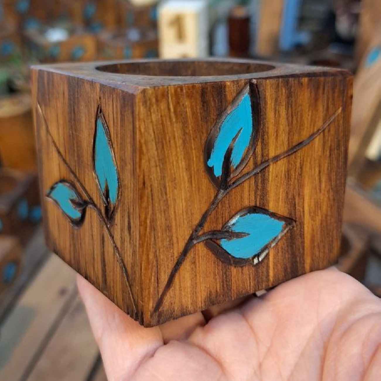 Houten Haft-sin Tafelversiering met Spiegel Blauw Blad