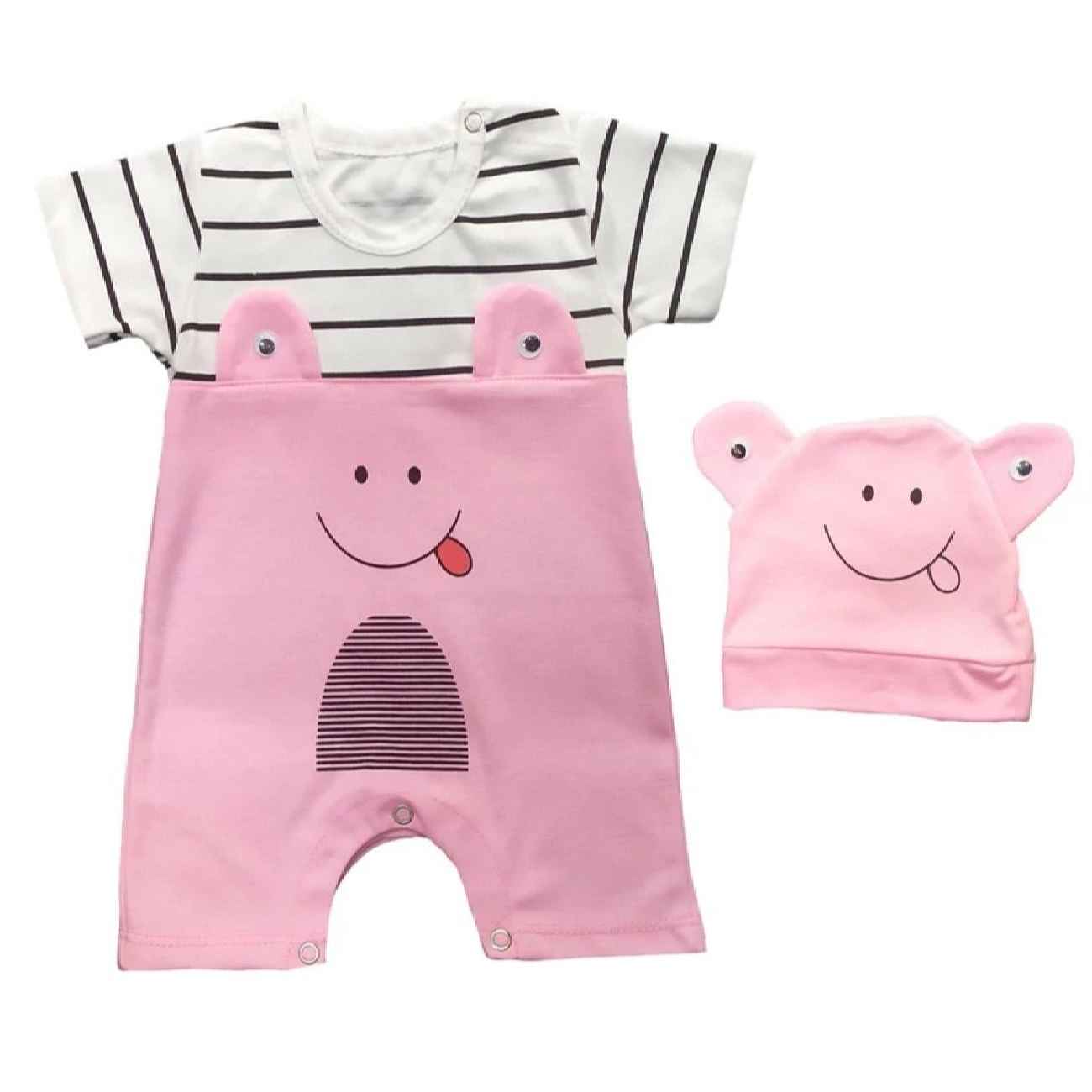 Baby Jumpsuit en Hoed Set – Roze Gestreept