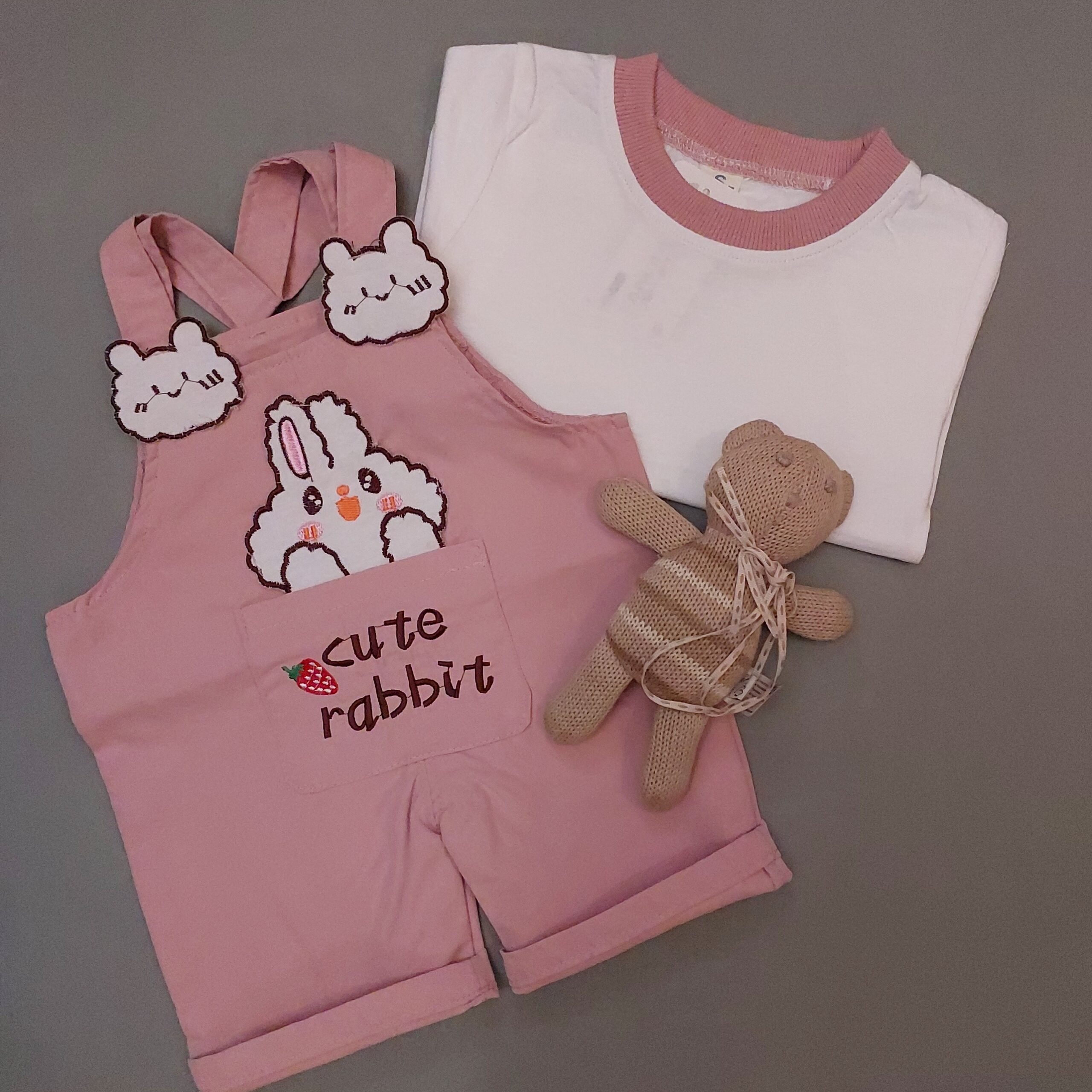 Baby T-shirt en Jumpsuit Set Roze Konijn