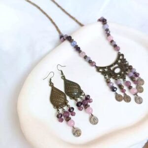 Traditionele Ketting en Oorbellen Set met Paarse Jade en Kristal