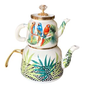 Wit Emaille Ketel- & Theepotset – Bloemen & Vogels