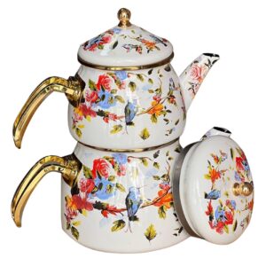 Emaille theepot- en ketelset – Bloemen- & vogelmotief