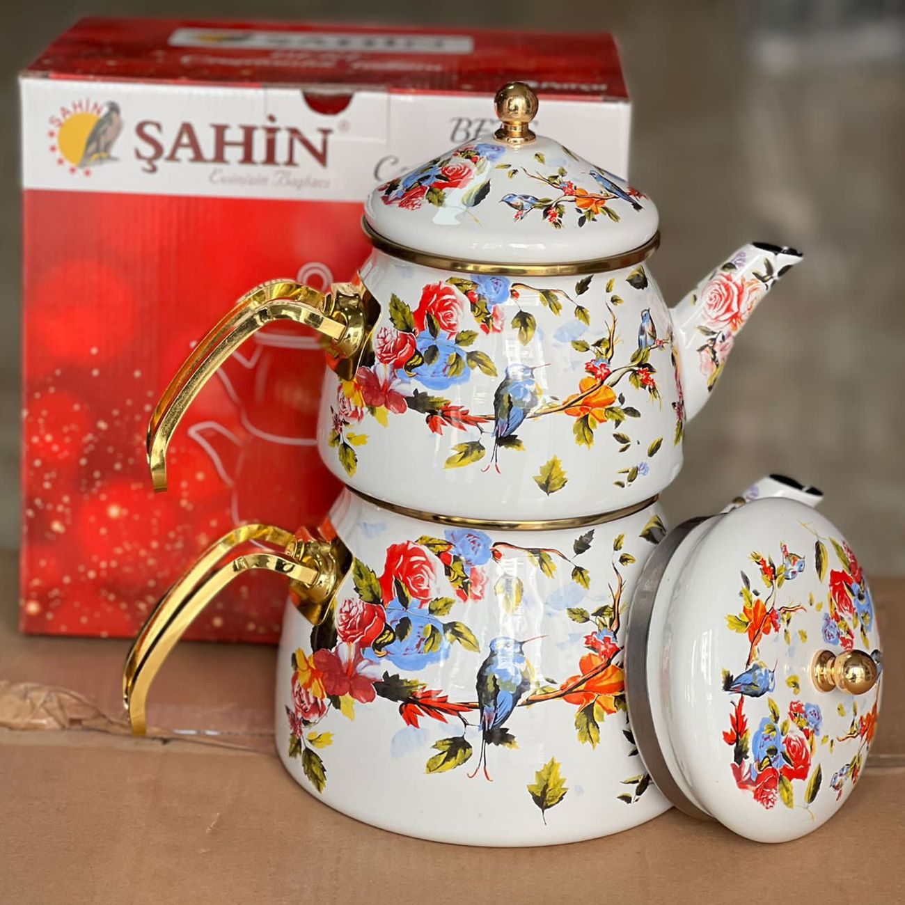 Emaille theepot- en ketelset – Bloemen- & vogelmotief