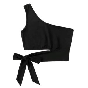 Zwarte One-Shoulder Cropped Top – Katoen met Strik