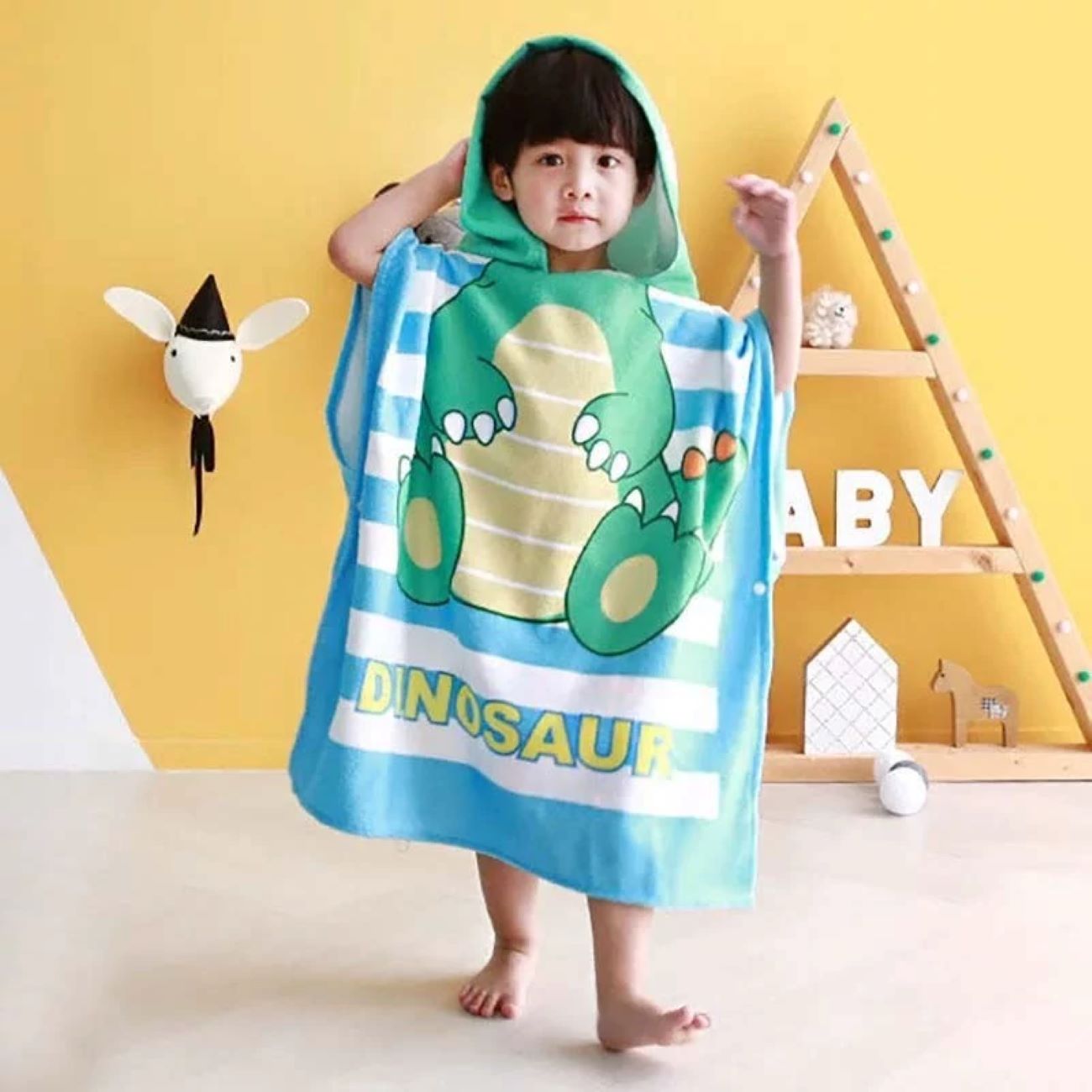 Blauwe Kinder Poncho Badhanddoek Dinosaurus