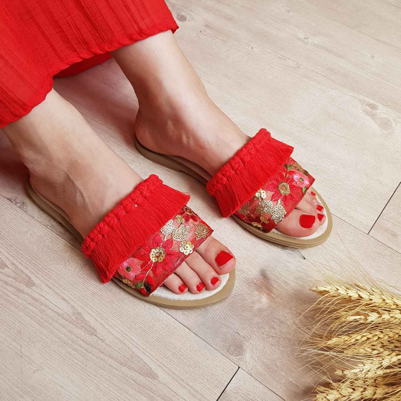 Boho Zomer Slipper – Rood met Spiegelmozaïek