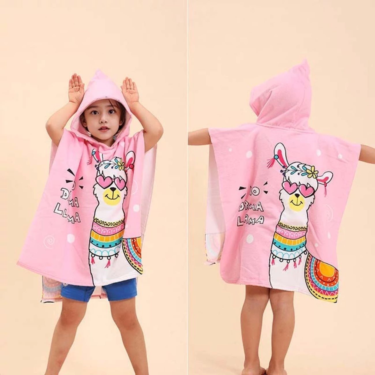 Roze badhanddoek poncho met capuchon – Lama ontwerp